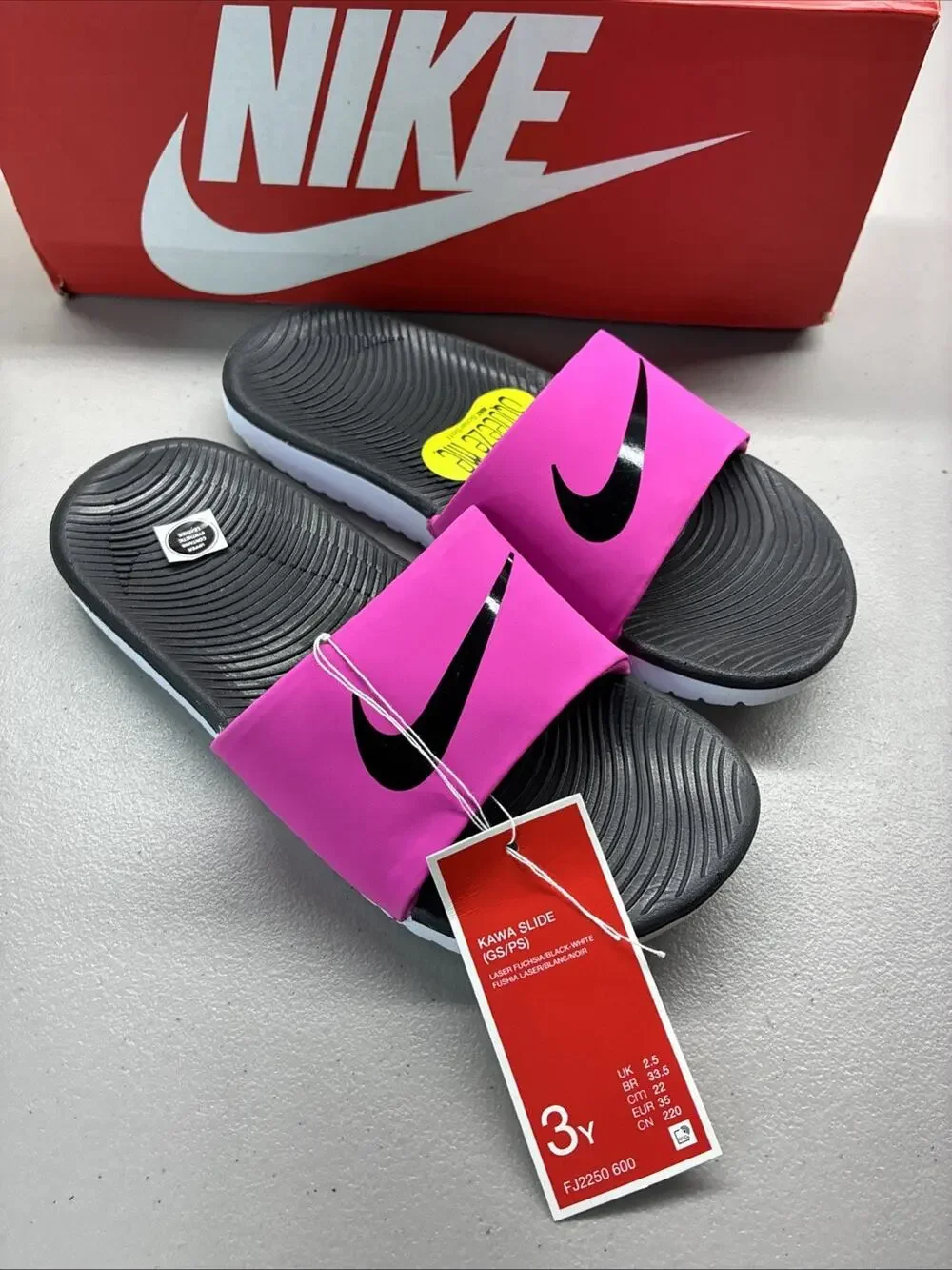 Nike Kawa Slide GS/PS Sandals Laser Fuchsia Black White Synthetic Kids 3Y